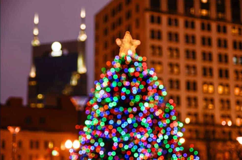 Picture of a Christmas tree lit up. Nashville, TN